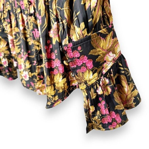 Anthropologie Deep-V Tunic Floral Black Motif Blouse Top Button Corset Peplum S - Picture 5 of 12